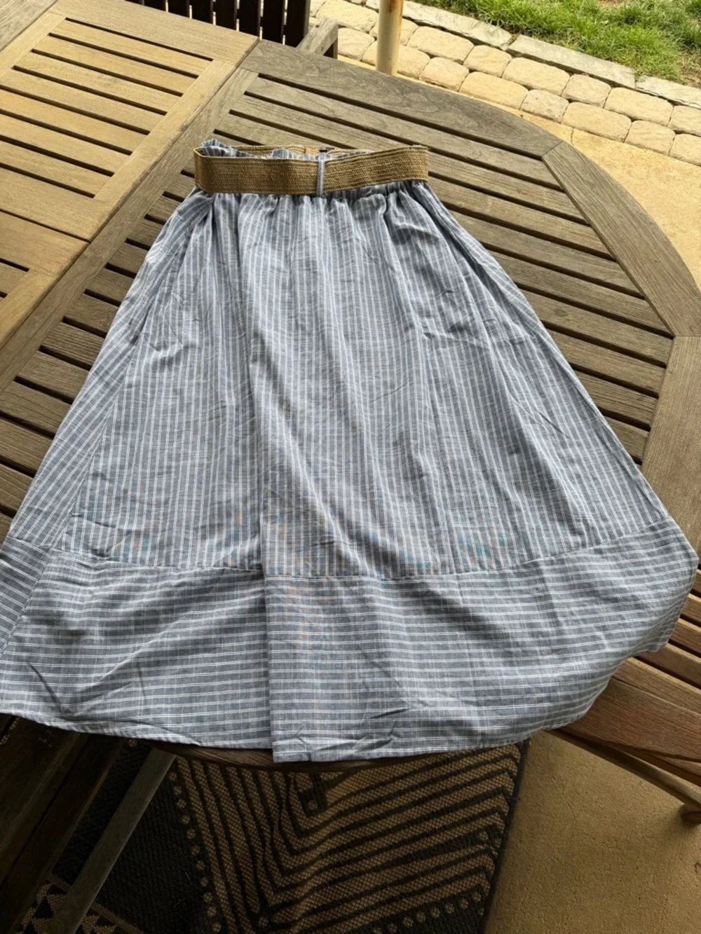 Blu Pepper Blue and White Striped A-Line Button-Front Skirt with Tan Belt - Picture 2 of 3